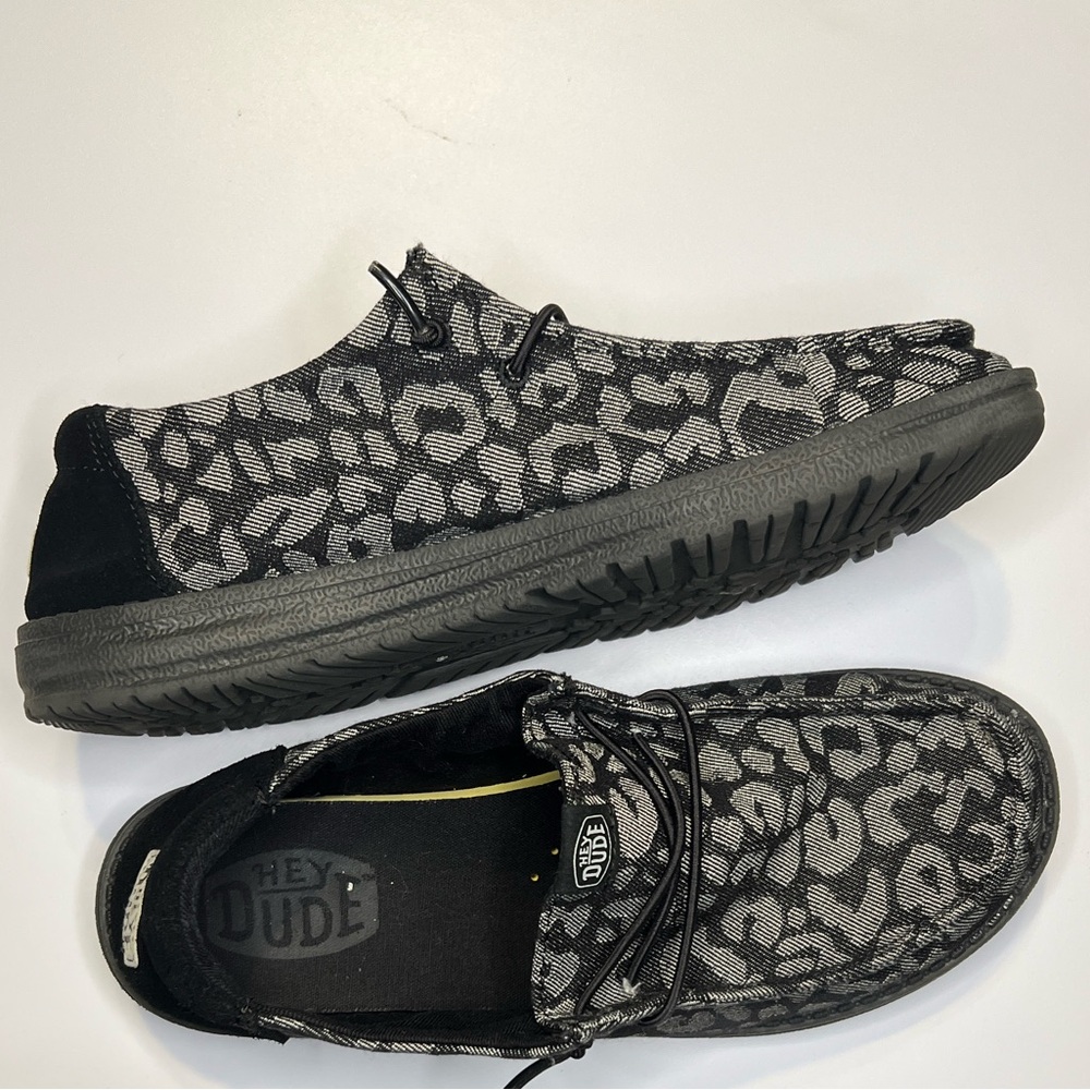 Hey Dude Black and Gray Leopard Print Flats